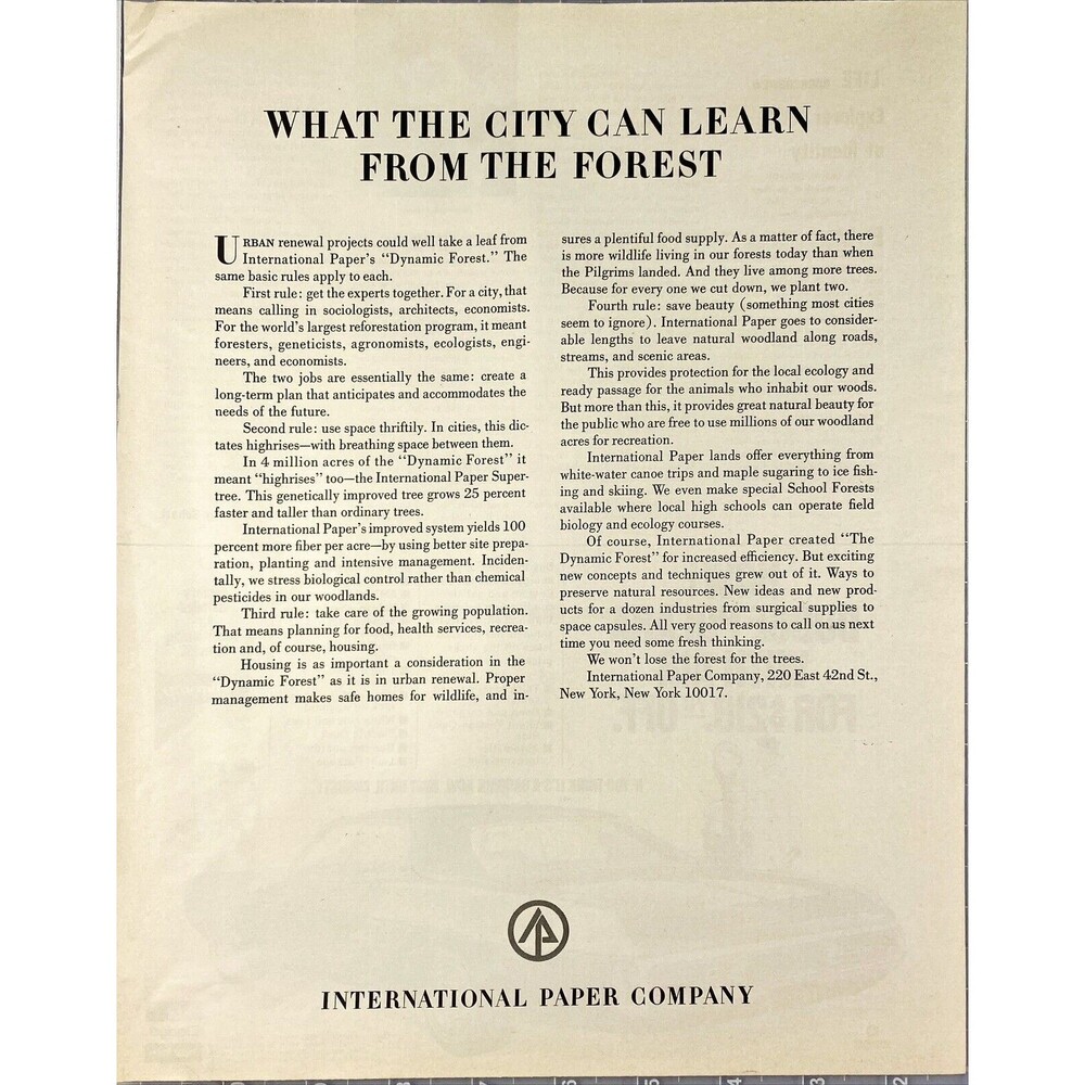 International Paper Co. "What the City Can Learn from the Forest" Print Ad 1970